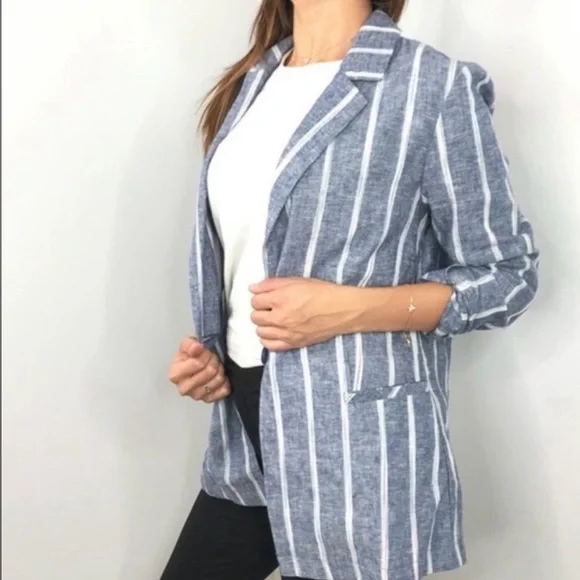DREW Blue Linen Blend Striped Blazer Jacket Size Medium - Picture 2 of 16
